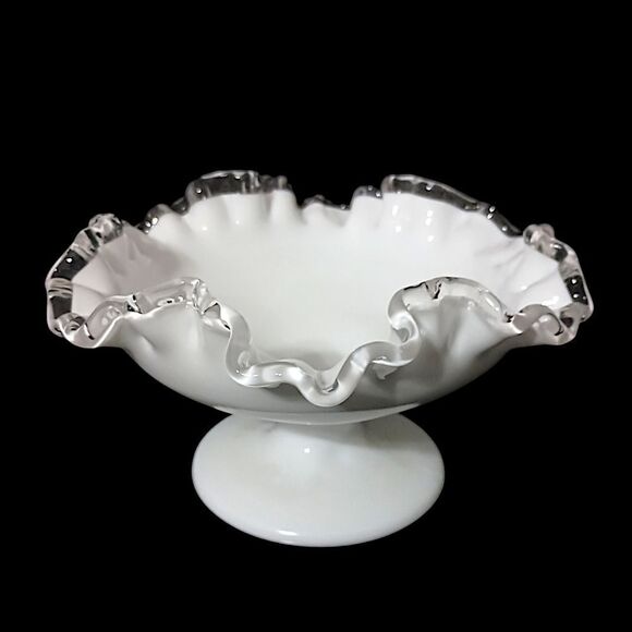 Fenton Silver Crest Compote Pedestal Dish Milk Glass Ruffled Edge Mid Century. - Picture 6 of 16